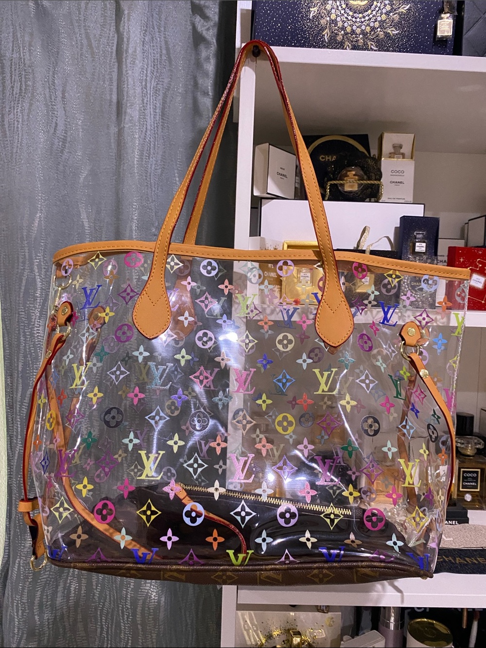 Transparent Multicolor Monogram Tote with Tan Leather Trim